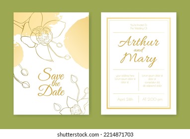 Wedding invitation layout with large outline orchid buds, abstract golden paint blots. Hand drawn vintage ink flowers. Trendy festive design. Decorative art element. Romantic holiday card. Two sides. 