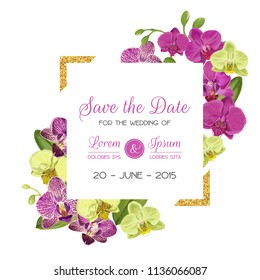 Wedding Invitation Layout Template with Orchid Flowers. Save the Date Floral Card with Golden Frame and Exotic Flowers. Vector illustration
