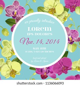 Plantilla de diseño de invitación de matrimonio con flores de orquídeas. Guarda la tarjeta floral de fecha con flores exóticas para la celebración de fiestas. Ilustración del vector