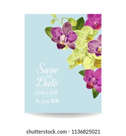 Wedding Invitation Layout Template with Orchid Flowers. Save the Date Floral Card with Exotic Flowers for Party Celebration. Vector illustration