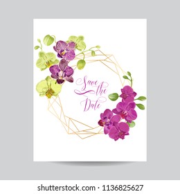 Wedding Invitation Layout Template with Orchid Flowers. Save the Date Floral Card with Golden Frame and Exotic Flowers. Vector illustration