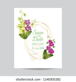 Wedding Invitation Layout Template with Orchid Flowers. Save the Date Floral Card with Golden Frame and Exotic Flowers. Vector illustration