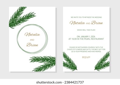 Wedding invitation layout template in winter theme. Decor made of spruce branches. Design of an invitation card. Vector illustration.
