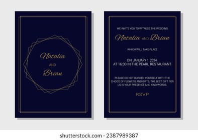 Wedding invitation layout template in winter theme. Inscription in a gold frame dark blue background. Design of an invitation card. Vector illustration.