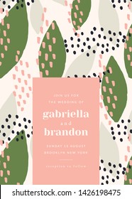 Wedding invitation with leaf shapes and in pastel colors and sample text layout. Modern and stylish 5x7 inches greeting card, save the date, postcard, flyer design.