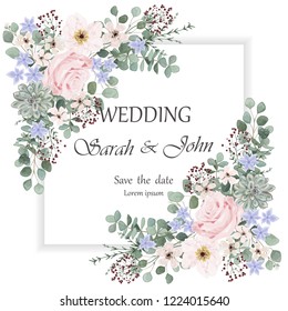 Wedding Invitation Leaves And Flowers, Watercolor, Isolated On White.  Vector Watercolour.