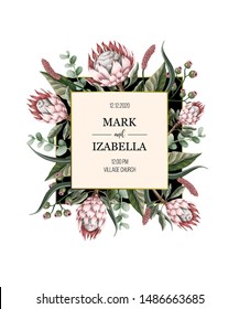Wedding invitation with leaves, protea flowers, succulent and golden elements in watercolor style.