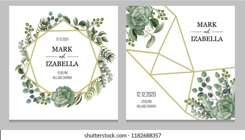 Wedding invitation with leaves, succulent and golden elements in watercolor style. Eucalyptus, magnolia, fern and other  