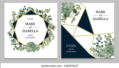 Wedding invitation with leaves, succulent and golden elements in watercolor style. Eucalyptus, magnolia, fern and other  