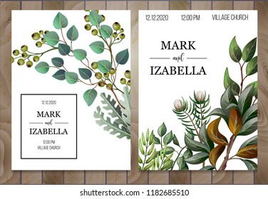 Wedding invitation with leaves, succulent  on wooden background. Eucalyptus, magnolia, fern and other 