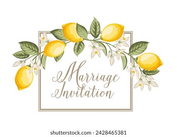 Invitación de boda. Ilustración de limón. marco dibujado a mano.