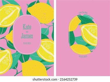 Wedding invitation with lemons and green leaves on a pink background. Decor for summer wedding invitations. Summer holiday decoration. Vector illustration elements.