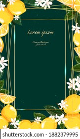 Wedding invitation with lemons and herbs in a watercolor style and golden frame on a green background. Template for congratulations, cards, posters with place for text.