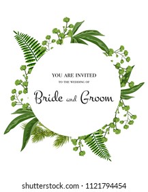 Wedding invitation. Lettering in circle with greenery on white background. Handwritten text, calligraphy. Party, event, celebration. Can be used for wedding card, flyer, brochure