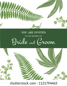 Wedding invitation. Lettering in green frame on greenery pattern. Party, event, celebration. Handwritten text, calligraphy. Can be used for wedding card, flyer, brochure
