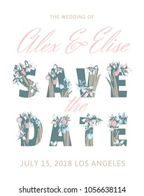 Wedding Invitation Lettering Inscription Save the Date with hand drawn floral background Spring flowers text letters of iris narcissus. Vector grunge illustration for flyer, banner, poster, print