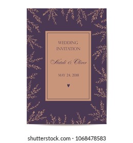 Wedding invitation lilac with twigs and leaves vector. Template for your holiday.