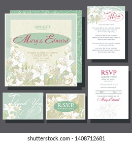 Wedding invitation with lily flower rsvp, menu card 