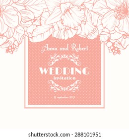 Wedding invitation with linear floral background. Greeting postcard in grunge or retro style  Elegance pattern with flowers Vector floral illustration vintage style Valentine anniversary
