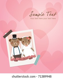 Wedding Invitation - Little Cute Bears Couple Just Married Photo. Vector Illustration.