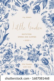 Wedding invitation  Little garden  Tulip  rose  hyacinth  fern  forget  me  not  geranium  Vector floral illustration  Blue 