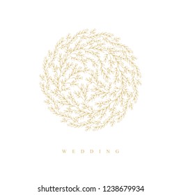 Wedding Invitation. Lovely Hand Drawn Golden Twigs. Round Shape Vector Garland. White Background. Retro Style. Delicate Golden Sketched Floral Wreath. Circle Made of Flowers Isolated on White.