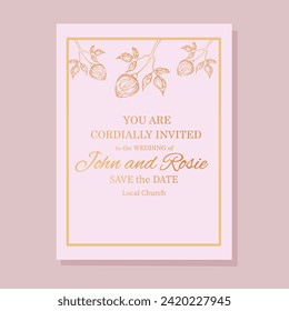 Wedding invitation, luxury wedding invitation card background with golden flowers. Botanical card with roses, peonies, leaves, spring ornament. Vector illustration of a greeting card.