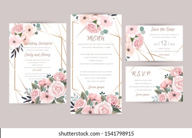 Wedding Invitation luxury floral card template set with roses, anemones and leaves, bridal bouquet. RSVP, Save the Date, Menu card design, Geometric golden frame. Greeting card elegant vector design.