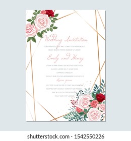 Wedding Invitation luxury floral card template with roses and leaves, bridal bouquet. RSVP, Save the Date, Menu card design, Geometric golden frame. Greeting card elegant vector design.