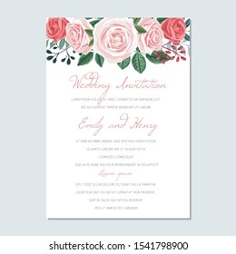 Wedding Invitation luxury floral invite card template with roses and leaves, bridal bouquet. RSVP, Save the Date, Menu card design, Greeting card elegant vector design.