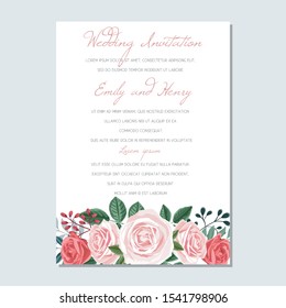 Wedding Invitation luxury floral invite card template with roses and leaves, bridal bouquet. RSVP, Save the Date, Menu card design, Greeting card elegant vector design.