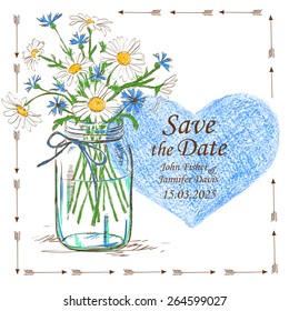 Wedding invitation with mason jar, camomile flowers and pencil heart. Save the date concept.