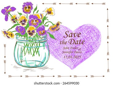 Wedding invitation with mason jar, pansy flowers and pencil heart. Save the date concept.