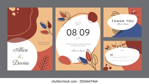 Invitación a la boda, carta de menú. Hojas de diseño de roble, arce, castaño y ceniza de colección de follaje otoñal. Impresión decorativa del marco. Vector elegante lindo y rústico saludo, invitar postal.