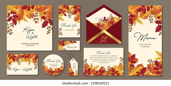 Wedding Invitation, menu card. Leaves design autumn foliage collection oak, maple, chestnut and ash. Vector elegant cute rustic greeting, invite postcard.