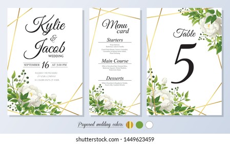 Wedding Invitation, menu card and table number. Floral white roses with green  fern leaves, foliage greenery decorative gold frame print. Vector elegant cute rustic.