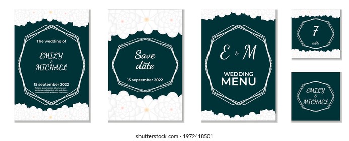 wedding invitation, menu and cards on a dark background with geometric frame, lettering and white flowers .framed. set of several print items