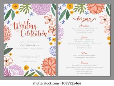 Wedding invitation and menu design template with floral wreath. Vector file.