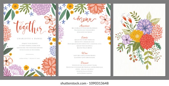 Wedding invitation and menu design template with floral wreath. Vector illustration.