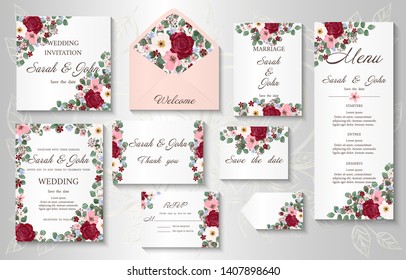 Wedding invitation, menu, information, label, card design with  gently watercolor flowers. Template set. Vector illustration. 