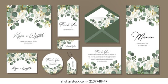 Wedding Invitation, menu, label,  envelope. Floral design green watercolor eucalyptus leaves, foliage greenery decorative print. Vector elegant cute rustic.