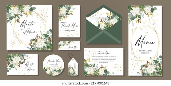 Wedding Invitation, menu, label, envelope. Floral design green watercolor eucalyptus leaves, foliage greenery decorative print. Vector elegant cute rustic.
