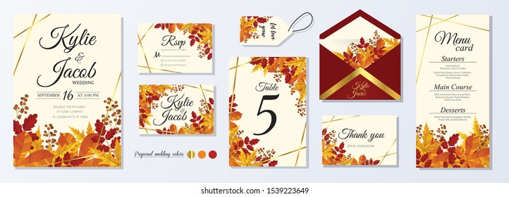 Wedding Invitation, menu, rsvp, label, table number, envelope. Leafy design autumn foliage collection. oak, maple, chestnut and ash. Decorative frame print. Vector elegant cute rustic greeting, invite