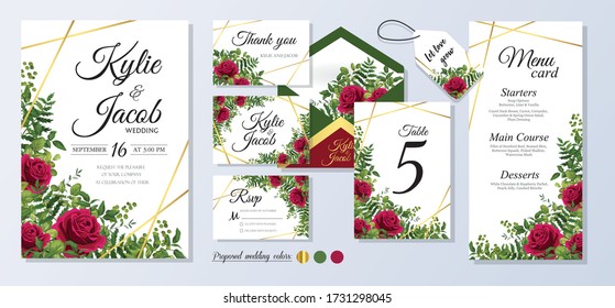 Wedding Invitation, menu, rsvp, label, table number, envelope. Floral design with green and gold watercolor leaves, red rose decorative frame print. Vector elegant cute rustic greeting, invite postcar