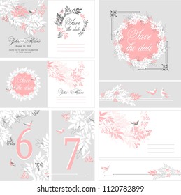 Wedding invitation, invitation menu rsvp thank you card vector floral greenery design, Eucalyptus leaves vector templates with love birds