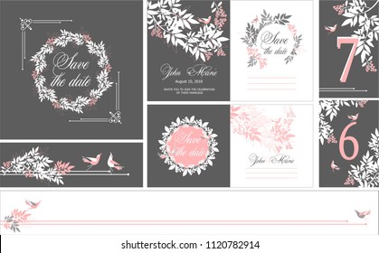 Wedding invitation, invitation menu rsvp thank you card vector floral greenery design, Eucalyptus leaves vector templates with love birds