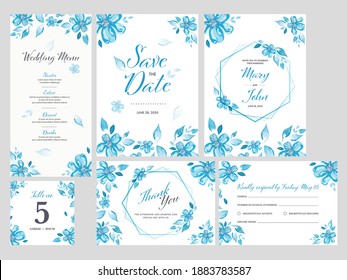 Hochzeitseinladung, Menü, Speichern Sie das Datum, die Tischnummer, Kindly Antwort oder RSVP und danke Sie Card dekoriert blauen Blumen.