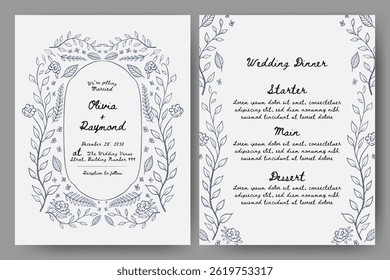 Hochzeitseinladung und Menüset mit handgezeichneter Blumengrafik. Blumenrahmen. Perfekt für Karte, Poster, Flyer