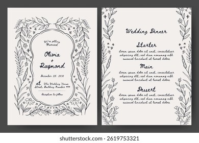 Wedding invitation and menu set with hand drawn floral illustration. floral frame. Perfect for card, poster, flyer