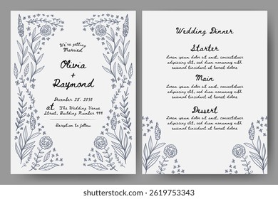 Invitación de Boda y menú con ilustración floral dibujada a mano. marco floral. Perfecto para la tarjeta, cartel, volante